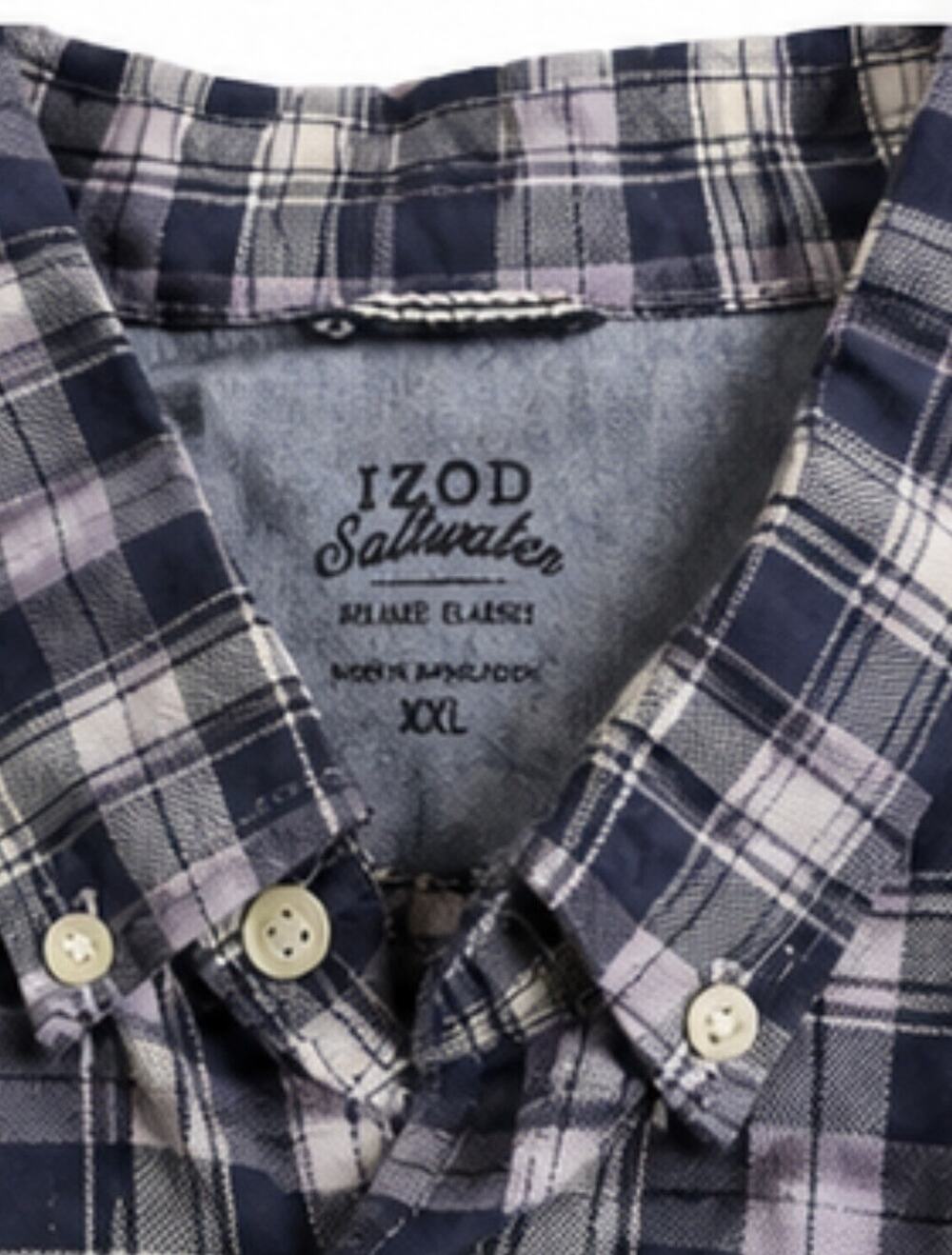 IZOD Saltwater Relaxed Classic Plaid Button Shirt Men’s XXL Blue Purple Cotton